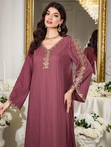 Mulvari Túnica larga de manga larga con cuello en V y decoración con aplicaciones, estilo tradicional árabe para mujer - Morado - Ver 8