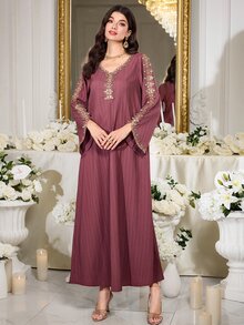 Mulvari Túnica larga de manga larga con cuello en V y decoración con aplicaciones, estilo tradicional árabe para mujer - Morado - Ver 7