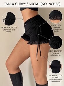 SHEIN PETITE CURVE Plus Size Women Summer Casual Everyday Commute Design Solid Color Drawstring Pleated Knot Lace Trim Shorts - Black - View 2