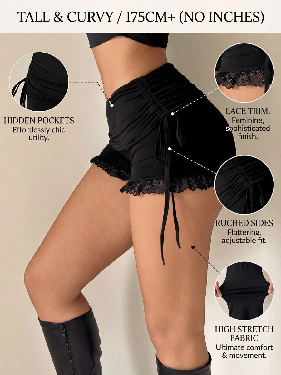 SHEIN PETITE CURVE Plus Size Women Summer Casual Everyday Commute Design Solid Color Drawstring Pleated Knot Lace Trim Shorts