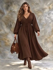 Ceyna Women's Fall Bark Textured Brown French Boho Going Out Vacation Casual Thanksgiving Party V-Neck Slimming Button Closure A-Line Long Dress - Brown - View 4