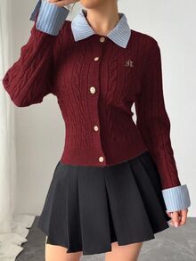 Rafferiza 女款酒紅色 2 合 1 拼接針織開襟衫，秋季休閒校園返校復古學院風上衣，暗黑學院風冬季款 - 酒紅色 - 查看 6