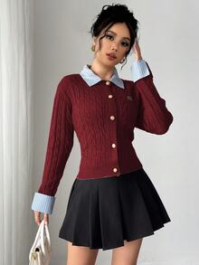 Rafferiza 女款酒紅色 2 合 1 拼接針織開襟衫，秋季休閒校園返校復古學院風上衣，暗黑學院風冬季款 - 酒紅色 - 查看 7
