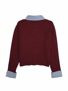 Rafferiza 女款酒紅色 2 合 1 拼接針織開襟衫，秋季休閒校園返校復古學院風上衣，暗黑學院風冬季款 - 酒紅色 - 查看 3