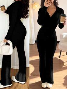 Rafferiza 2pcs/Set Casual Hooded Sweatshirt With Pockets & Ribbed Knit Flare Pants For Women, Versatile For Daily Wear, Autumn/Winter Fall Cloth For Women - Black - View 2