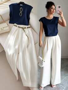 SHEIN Raffinéa Women's Elegant Fashion Round Neck Top And Pleated Fold Pants 2 Pieces Set - Multicolor - View 2