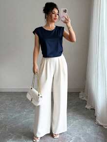 SHEIN Raffinéa Women's Elegant Fashion Round Neck Top And Pleated Fold Pants 2 Pieces Set - Multicolor - View 4