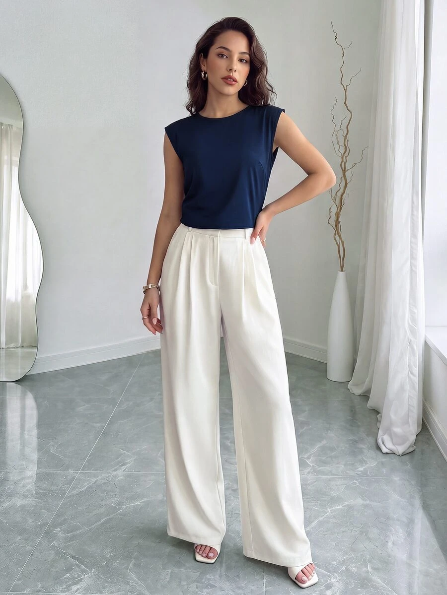 SHEIN Raffinéa Women's Elegant Fashion Round Neck Top And Pleated Fold Pants 2 Pieces Set - Multicolor - View 1