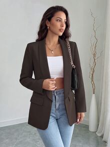 Rafferiza Blazer de manga larga de unicolor y elegante para el trabajo y los desplazamientos - Café integral - Ver 1