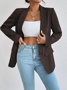 Rafferiza Blazer de manga larga de unicolor y elegante para el trabajo y los desplazamientos - Café integral - Ver 7
