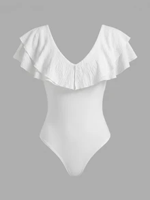 Rafferiza Women's Casual Solid Color Ruffled Bodysuit, Summer White Ruffle Top - White - View 6