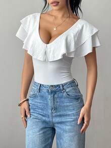Rafferiza Women's Casual Solid Color Ruffled Bodysuit, Summer White Ruffle Top - White - View 2