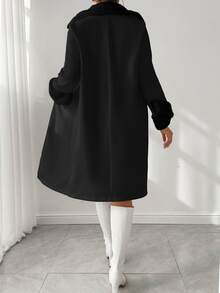 SHEIN Raffinéa 女士休闲拼布蓬松领单排扣长外套，秋冬 - 黑色 - 查看 3