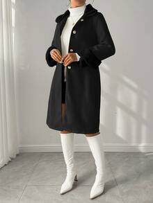 SHEIN Raffinéa 女士休闲拼布蓬松领单排扣长外套，秋冬 - 黑色 - 查看 6
