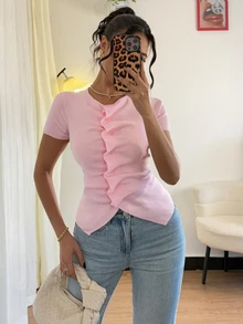 Rafferiza New Vintage Fitted Crinkle Asymmetrical Button Design Women Knit Top, For Spring/Autumn - Pink - View 3