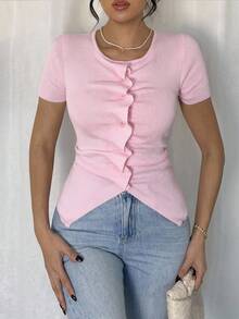 Rafferiza New Vintage Fitted Crinkle Asymmetrical Button Design Women Knit Top, For Spring/Autumn - Pink - View 7