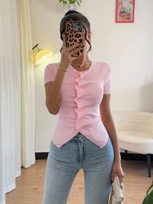 Rafferiza New Vintage Fitted Crinkle Asymmetrical Button Design Women Knit Top, For Spring/Autumn - Pink - View 9