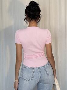 Rafferiza New Vintage Fitted Crinkle Asymmetrical Button Design Women Knit Top, For Spring/Autumn - Pink - View 2