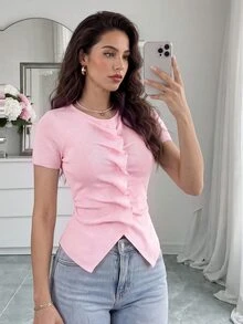 Rafferiza New Vintage Fitted Crinkle Asymmetrical Button Design Women Knit Top, For Spring/Autumn - Pink - View 1