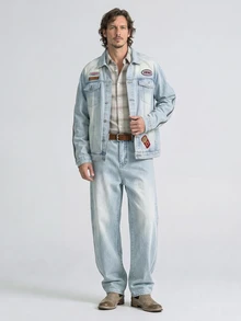 Slateforde Men's Letter Front Button Long Sleeve Pocket Simple Casual Academia Denim Jacket, For Going Out, Friends - Light Wash - View 8