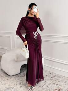 Veilorie Women's Pleated Mesh Patchwork Elegant Cinched Waist Party Dress - Burgundy - View 7