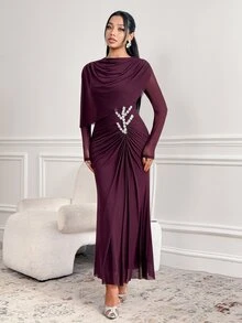 Veilorie Women's Pleated Mesh Patchwork Elegant Cinched Waist Party Dress - Burgundy - View 4