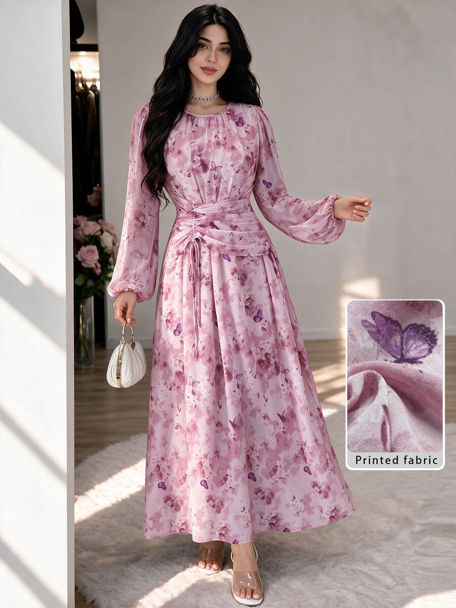 Modelyn Women's Fall Chiffon Butterfly Print Ruched Round Neck Long Sleeve Dress Tea Party Garden Pink Butterfly Romantic Elegant - Pink - View 1