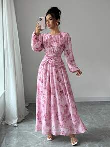 Modelyn Women's Fall Chiffon Butterfly Print Ruched Round Neck Long Sleeve Dress Tea Party Garden Pink Butterfly Romantic Elegant - Pink - View 4