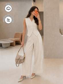 Modelyn Old Money Style Striped V-Neck Sleeveless Vest Top & Wide Leg Pants Women's Casual Elegant Commuter Suit Set - Multicolor - View 6