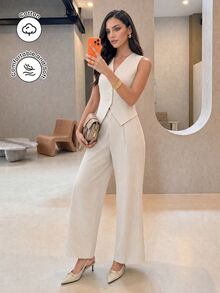 Modelyn Old Money Style Striped V-Neck Sleeveless Vest Top & Wide Leg Pants Women's Casual Elegant Commuter Suit Set - Multicolor - View 5