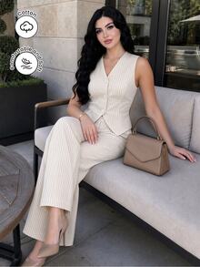 Modelyn Old Money Style Striped V-Neck Sleeveless Vest Top & Wide Leg Pants Women's Casual Elegant Commuter Suit Set - Multicolor - View 3