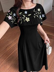 Feyla 女款花卉刺繡優雅中長洋裝 - 黑色 - 查看 5