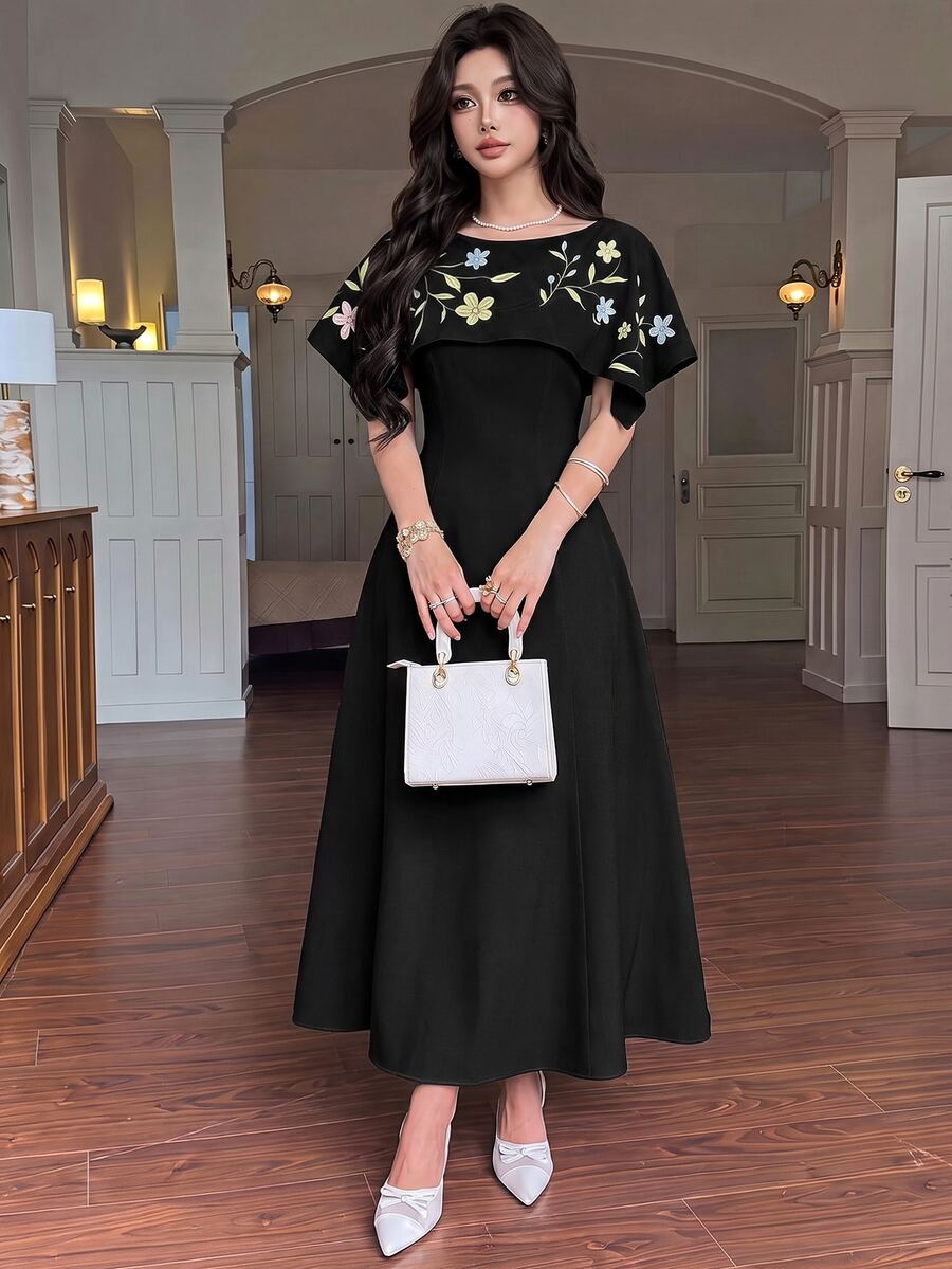 Feyla 女款花卉刺繡優雅中長洋裝 - 黑色 - 查看 1
