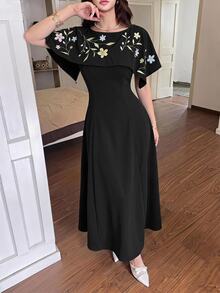 Feyla 女款花卉刺繡優雅中長洋裝 - 黑色 - 查看 6