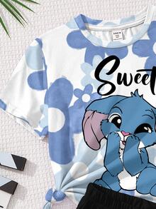 SHEIN Leap Crew Tween Girl Kawaii Cute Blue Rabbit Lulu & Stitch Pattern,Blue And White Floral Summer Casual Short Sleeve Shorts 2 Pieces Set,School Back-To-School - Multicolor - View 5