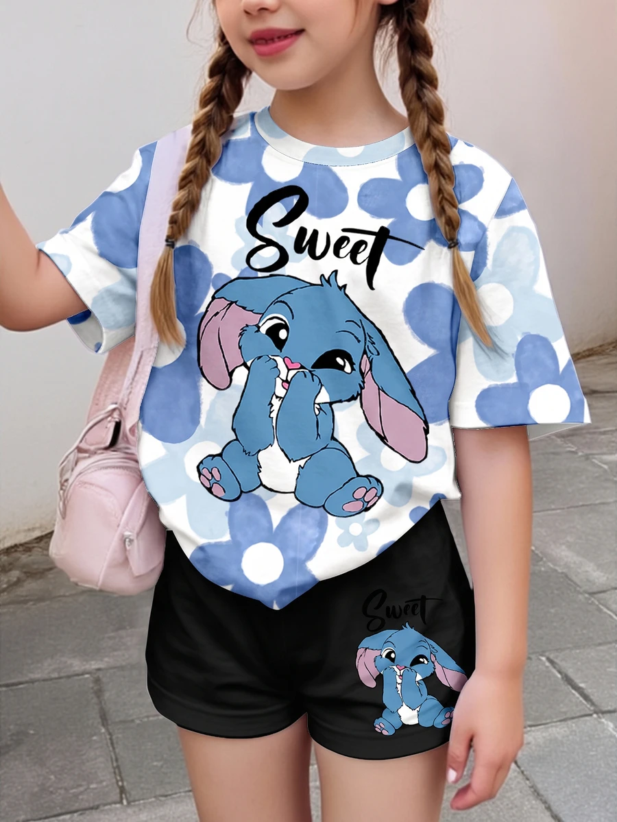 SHEIN Leap Crew Tween Girl Kawaii Cute Blue Rabbit Lulu & Stitch Pattern,Blue And White Floral Summer Casual Short Sleeve Shorts 2 Pieces Set,School Back-To-School - Multicolor - View 1