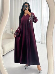Al Najma Women's Faux Pearl Cuff Cutout V-Neck Elegant Arabian Dress - Red - View 8