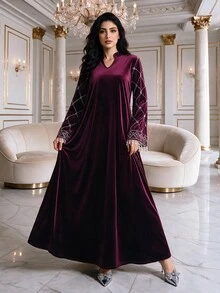 Al Najma Women's Faux Pearl Cuff Cutout V-Neck Elegant Arabian Dress - Red - View 2
