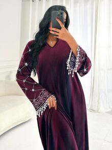 Al Najma Women's Faux Pearl Cuff Cutout V-Neck Elegant Arabian Dress - Red - View 3