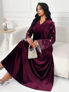 Al Najma Women's Faux Pearl Cuff Cutout V-Neck Elegant Arabian Dress - Red - View 7