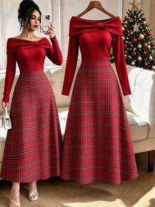 GlowEve Women's Off-Shoulder Long Sleeve Patchwork Plaid Hem Elegant Dress - Multicolor - View 1