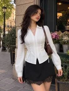 Skyraze Women's Solid Color Side Waist Tie Zipper Placket Casual Shirt - White - View 3