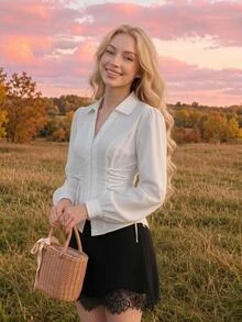 Skyraze Women's Solid Color Side Waist Tie Zipper Placket Casual Shirt - White - View 10