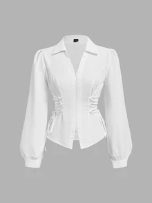 Skyraze Women's Solid Color Side Waist Tie Zipper Placket Casual Shirt - White - View 4