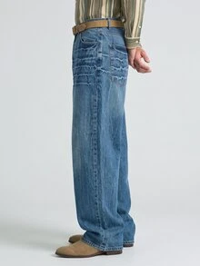 Slateforde Quần jeans nam dáng rộng, túi xéo, kiểu dáng thường ngày, chất liệu denim mài, có túi chéo. - Rửa trung bình - Xem 7