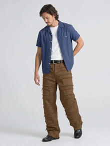 Slateforde Men's Solid Color Frayed Edge Slant Pocket Casual Versatile Jeans - Brown - View 8
