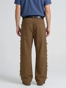Slateforde Men's Solid Color Frayed Edge Slant Pocket Casual Versatile Jeans - Brown - View 3