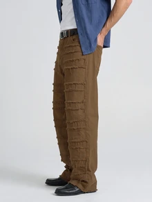 Slateforde Men's Solid Color Frayed Edge Slant Pocket Casual Versatile Jeans - Brown - View 4