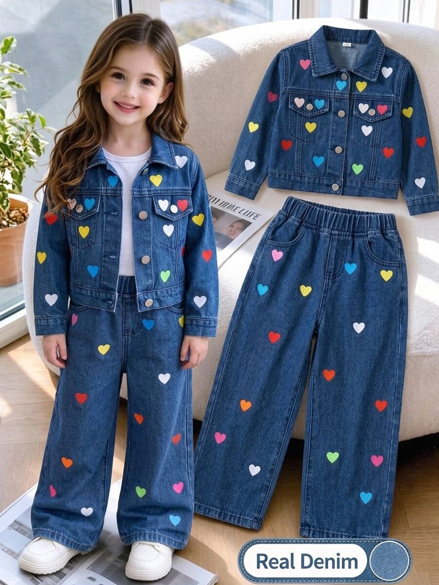 SHEIN Girls' Colorful Heart Pattern Young Girl Dark Blue Denim Loose Short Jacket & Long Pants 2-Piece Set - Blue - View 1