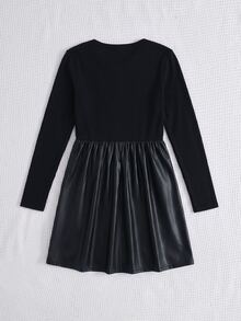 SHEIN 大童女孩秋冬長袖黑色PU拼接洋裝，2合1休閒日常優雅度假風 - 黑色 - 查看 8